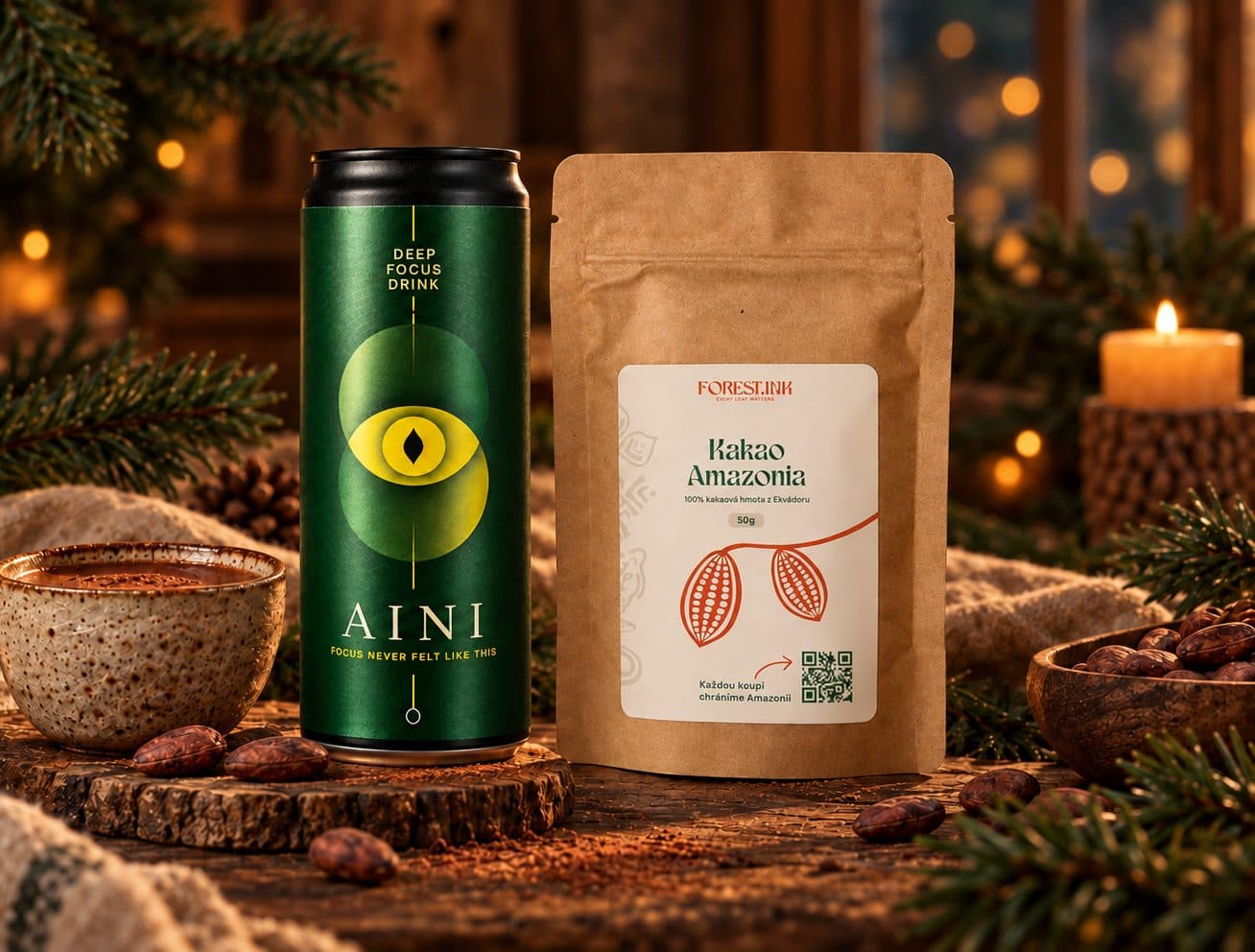 Vánoční balíček Ochutnej prales: plechovka AINI a Kakao Amazonia 50 g mezi jehličím a svíčkami