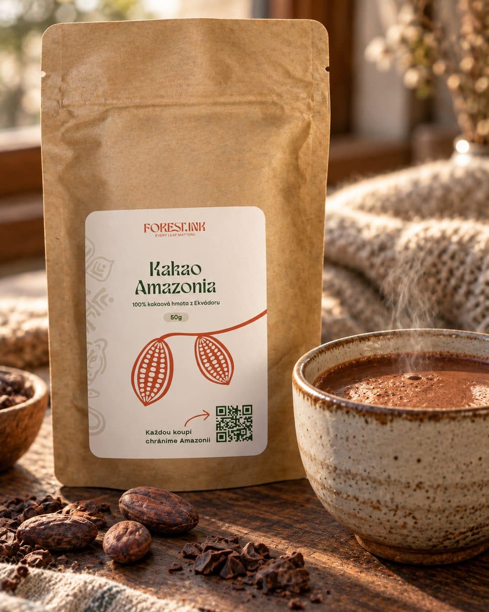 Kakao Amazonia 50 g a šálek horkého kakaa s kakaovými boby
